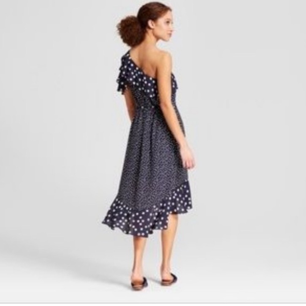 New Day Womens Polka Dot One Shoulder Midi Dress Navy - Picture 4 of 4